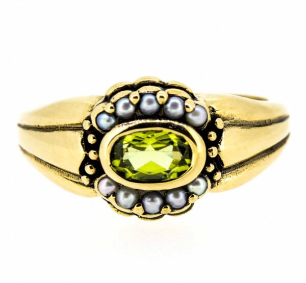 9ct Antique Style Peridot And Seed Pearl | Peridot And Seed Pearl 9ct Vintage Style Ring|Pearl And Peridot Cluster Dress Ring