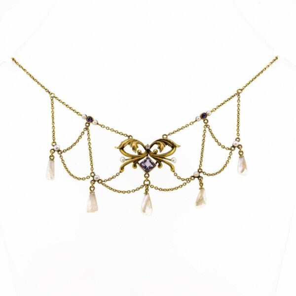 Exquisite Antique Art Nouveau Natural Pearl Amethyst And Diamond Necklace|10K Art Nouveau Necklace |Antique Art Nouveau Pearl Necklace ring Antique Jewellery 3