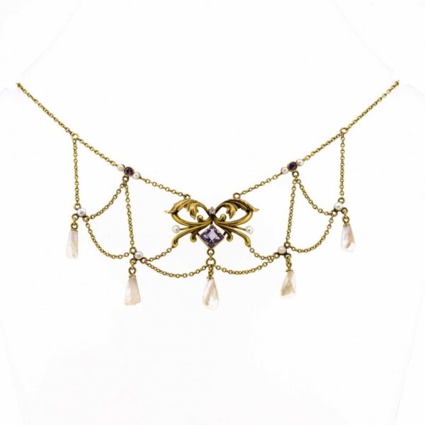 Exquisite Antique Art Nouveau Natural Pearl Amethyst And Diamond Necklace|10K Art Nouveau Necklace |Antique Art Nouveau Pearl Necklace