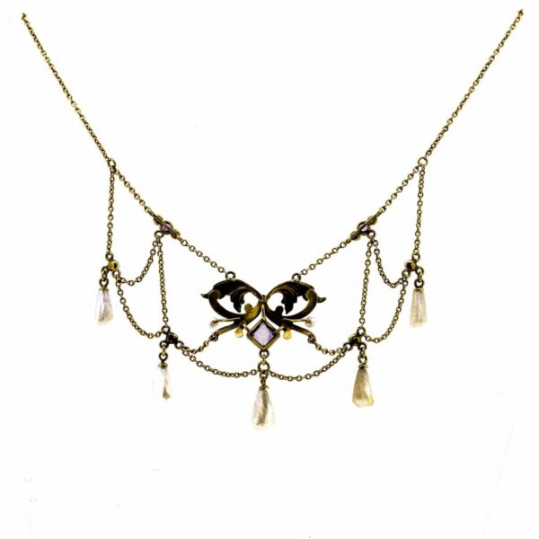 Exquisite Antique Art Nouveau Natural Pearl Amethyst And Diamond Necklace|10K Art Nouveau Necklace |Antique Art Nouveau Pearl Necklace ring Antique Jewellery 4