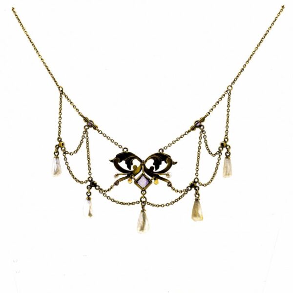 Exquisite Antique Art Nouveau Natural Pearl Amethyst And Diamond Necklace|10K Art Nouveau Necklace |Antique Art Nouveau Pearl Necklace - Image 2