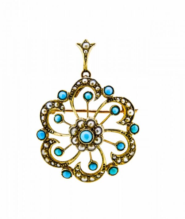 Victorian Turquoise and Pearl Brooch Pendant |9ct Victorian Turquoise and Pearl Brooch Pendant| Pearl And Turquoise 9ct Victorian Pendant