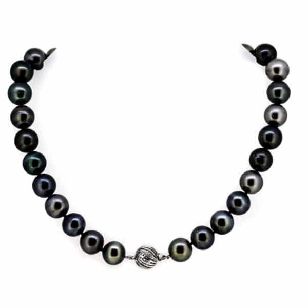 Tahitian Pearl Necklace With Diamond Set Clasp| Black Pearl Necklace With Diamond Ball Clasp| Tahitian Pearl 14 x 12 mm. charms Antique Jewellery 5