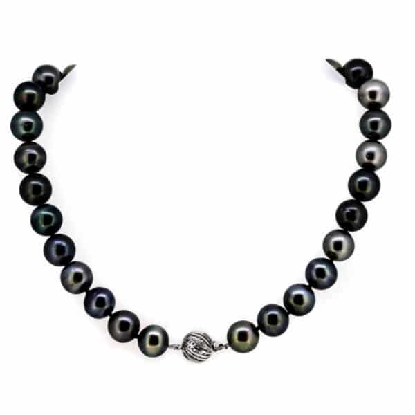 Tahitian Pearl Necklace With Diamond Set Clasp| Black Pearl Necklace With Diamond Ball Clasp| Tahitian Pearl 14 x 12 mm. - Image 3