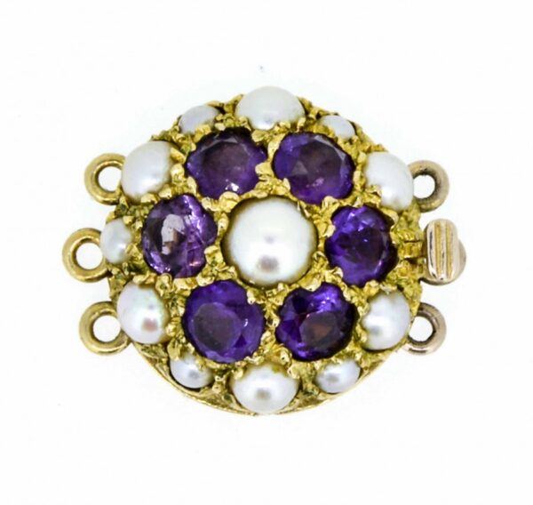 Vintage 9ct Gold Amethyst and Cultured Pearl Three Row Necklace Clasp,Pearl Necklace Clasp,Three row 9ct Pearl and Amethyst Clasp