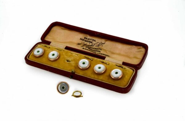 Gentleman's Mother Of Pearl And Green Paste Dress Studs| Gents Shirt Studs | Antique Gents Shirt Studs - Image 3