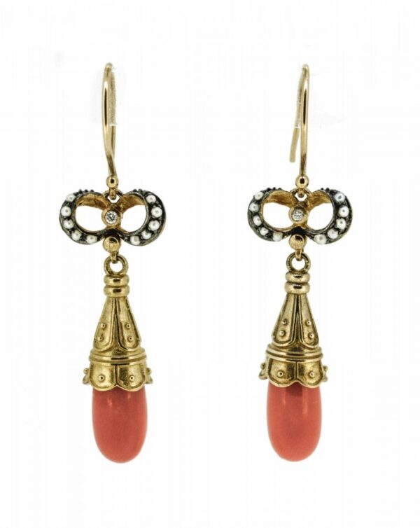Antique Style Coral,Pearl And Diamond Drop Earrings| Victorian Style Coral Drop Earrings| 9ct Coral,Pearl And Diamond Antique Style Drops earrings Antique Earrings 4