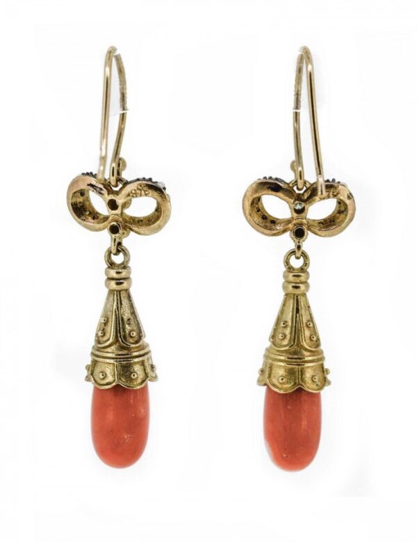 Antique Style Coral,Pearl And Diamond Drop Earrings| Victorian Style Coral Drop Earrings| 9ct Coral,Pearl And Diamond Antique Style Drops - Image 3