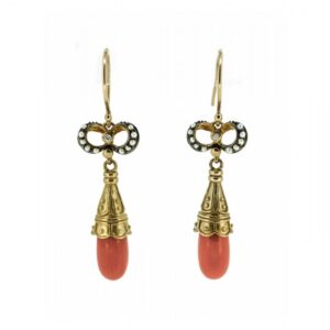 Antique Style Coral,Pearl And Diamond Drop Earrings| Victorian Style Coral Drop Earrings| 9ct Coral,Pearl And Diamond Antique Style Drops earrings Antique Earrings