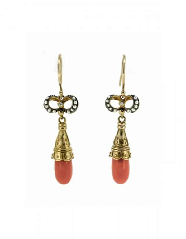 Antique Style Coral,Pearl And Diamond Drop Earrings| Victorian Style Coral Drop Earrings| 9ct Coral,Pearl And Diamond Antique Style Drops earrings Antique Earrings 3