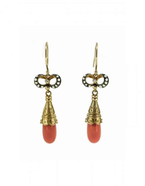 Antique Style Coral,Pearl And Diamond Drop Earrings| Victorian Style Coral Drop Earrings| 9ct Coral,Pearl And Diamond Antique Style Drops