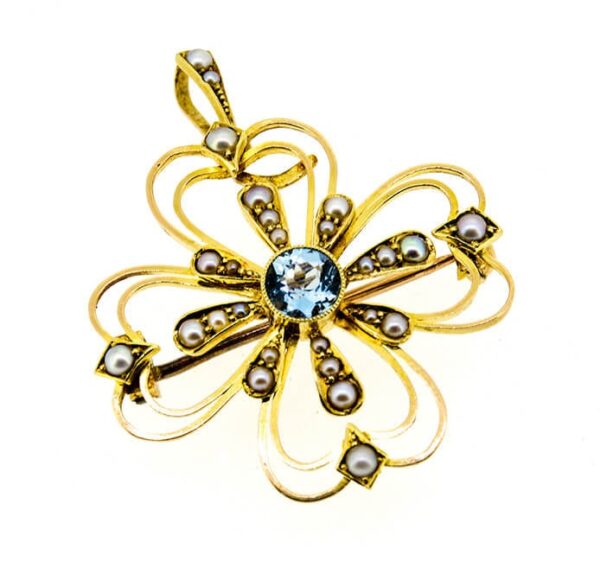 15ct Aquamarine And Pearl Pendant/Brooch ,Antique Aquamarine And Pearl Pendant