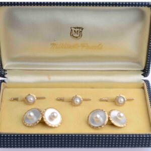 Mikimoto 14K Gents Akoya and Mother of Pearl Dress Set.Gents Dress Set,Mikimoto Dress Set,Pearl Dress Set,Vintage Gentlemens Dress Set cufflinks Miscellaneous