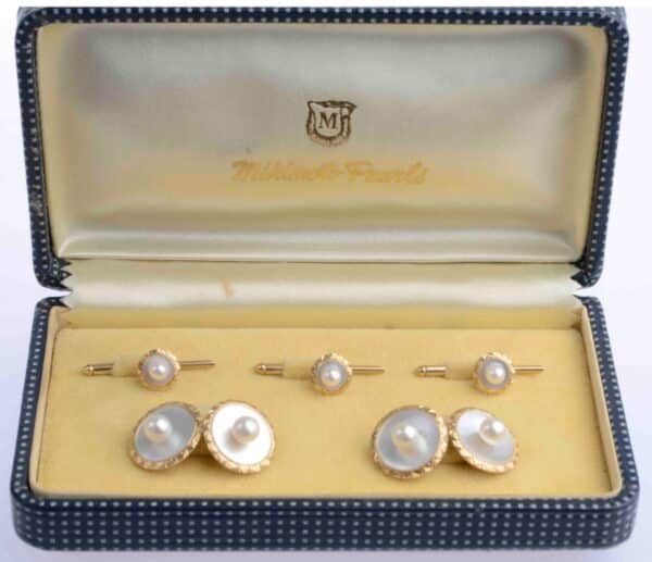 Mikimoto 14K Gents Akoya and Mother of Pearl Dress Set.Gents Dress Set,Mikimoto Dress Set,Pearl Dress Set,Vintage Gentlemens Dress Set cufflinks Miscellaneous 3