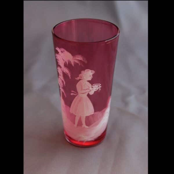 Antique Victorian Mary Gregory Cranberry Glass Tumbler, Beaker