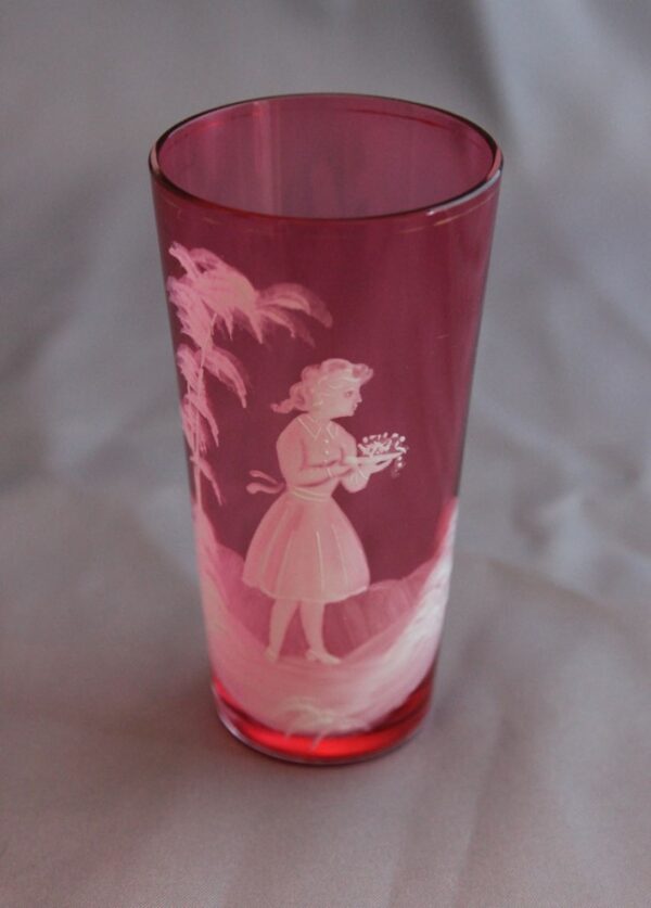 Antique Victorian Mary Gregory Cranberry Glass Tumbler, Beaker - Image 2