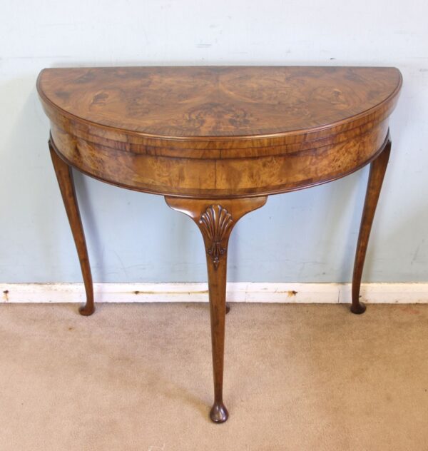 Antique Burr Walnut Demi Lune Side Card Table - Image 2