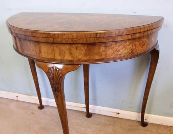 Antique Burr Walnut Demi Lune Side Card Table - Image 8