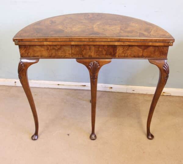 Antique Burr Walnut Demi Lune Side Card Table - Image 10