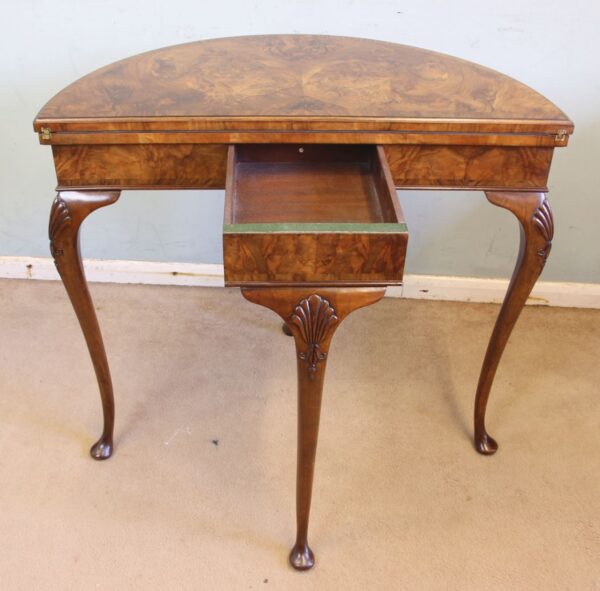 Antique Burr Walnut Demi Lune Side Card Table - Image 11