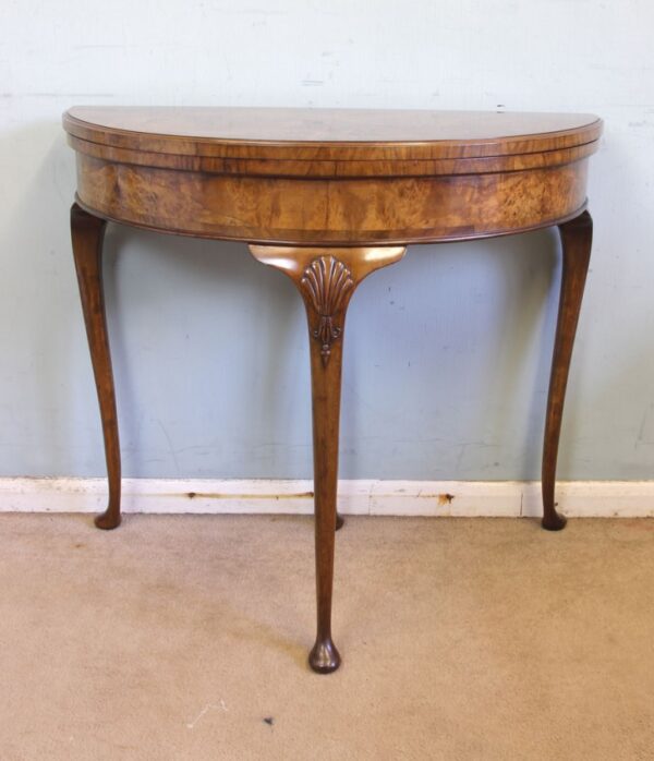 Antique Burr Walnut Demi Lune Side Card Table - Image 3