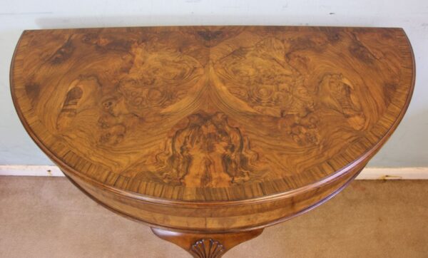 Antique Burr Walnut Demi Lune Side Card Table - Image 4