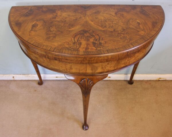 Antique Burr Walnut Demi Lune Side Card Table - Image 5