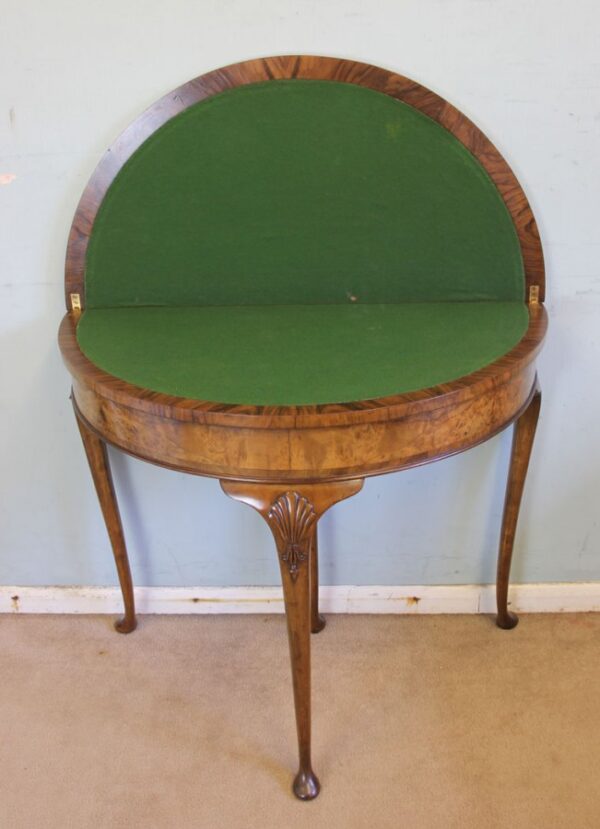 Antique Burr Walnut Demi Lune Side Card Table - Image 6