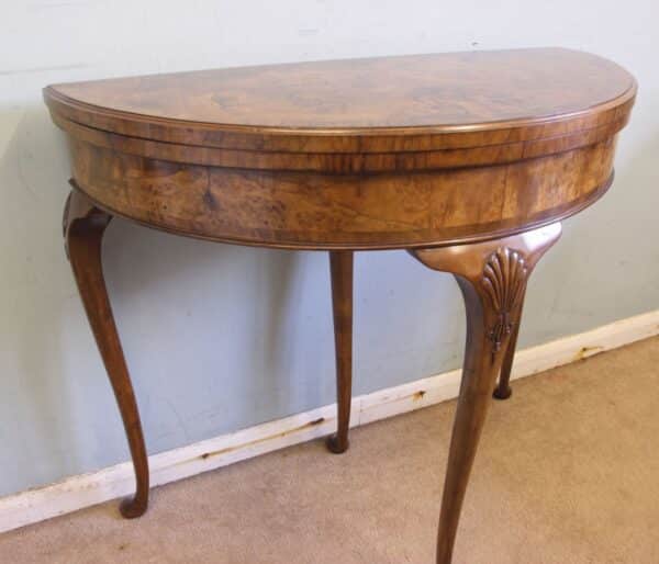 Antique Burr Walnut Demi Lune Side Card Table - Image 7
