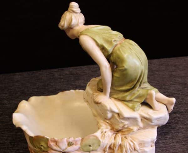 Antique Royal Dux Centre Piece of Young Girl Looking in Pond - Image 6
