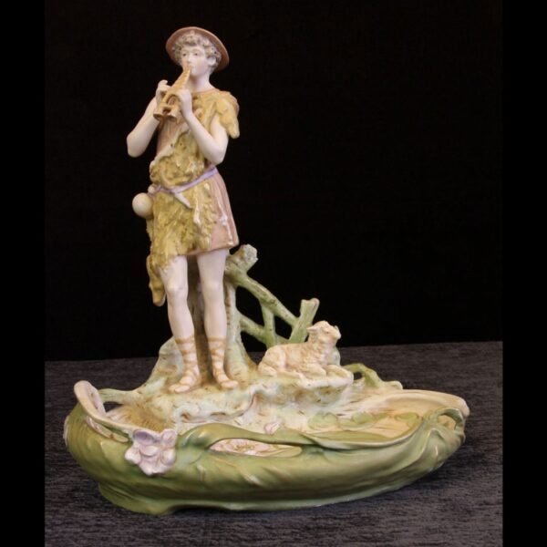 Antique Royal Dux Figure of Piper Standing at Pond