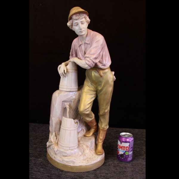 Impressive Large Royal Dux Figure of Young Boy Standing at Water Pump