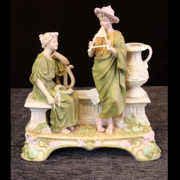 Antique Royal Dux Centre Piece of Young Girl and Boy Playing Pipes