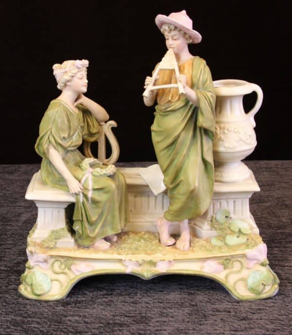 Antique Royal Dux Centre Piece of Young Girl and Boy Playing Pipes centre piece Antique Ceramics 4