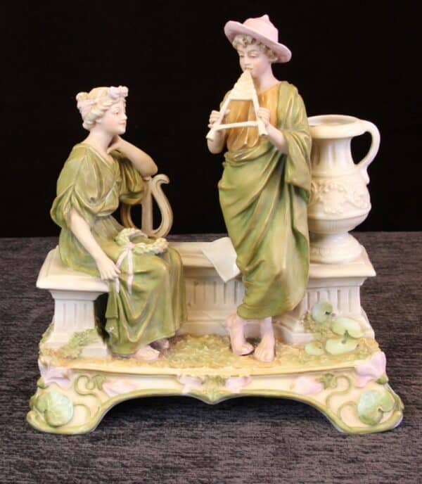 Antique Royal Dux Centre Piece of Young Girl and Boy Playing Pipes - Image 2