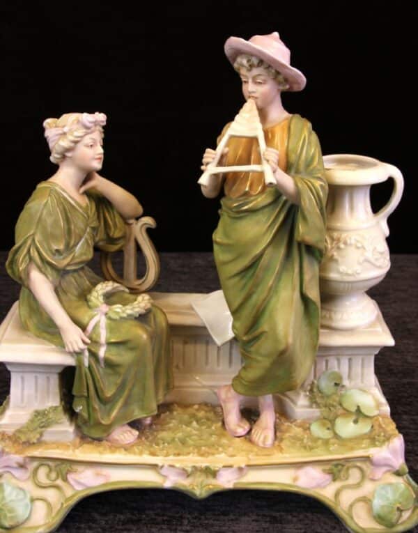 Antique Royal Dux Centre Piece of Young Girl and Boy Playing Pipes - Image 3