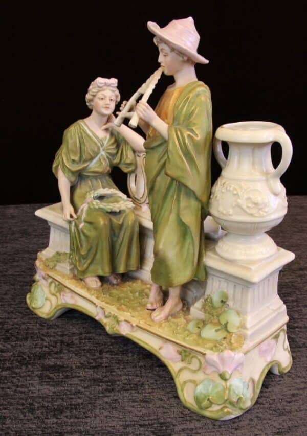 Antique Royal Dux Centre Piece of Young Girl and Boy Playing Pipes - Image 4