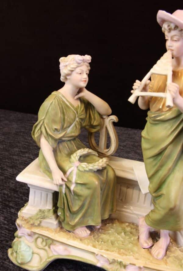 Antique Royal Dux Centre Piece of Young Girl and Boy Playing Pipes centre piece Antique Ceramics 10