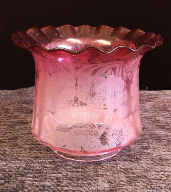 Antique Victorian Cranberry Glass Frilled Oil Lamp Shade - Image 2