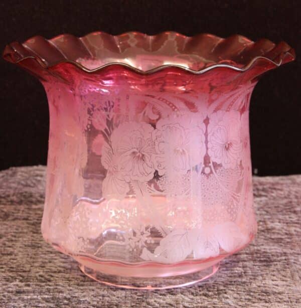 Antique Victorian Cranberry Glass Frilled Oil Lamp Shade - Image 7