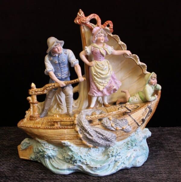 Antique Bisque Centre Piece of Fishing Boat Antique Antique Ceramics 4