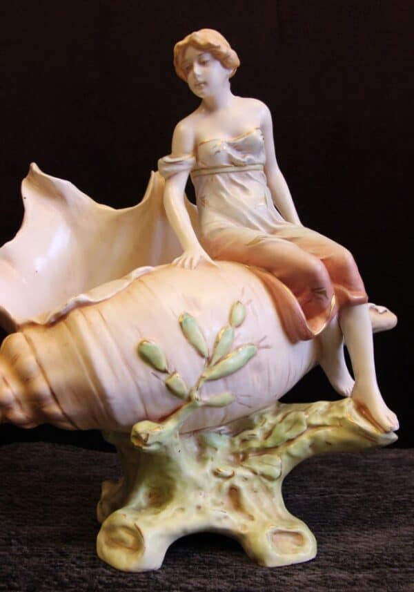 Antique Art Nouveau Centre Piece of Maiden on Shell. Antique Antique Ceramics 5