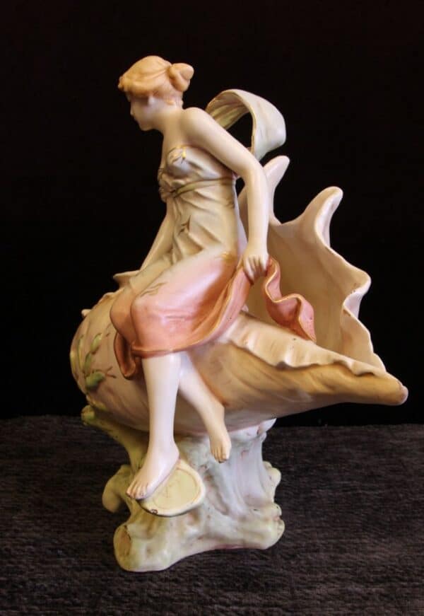 Antique Art Nouveau Centre Piece of Maiden on Shell. Antique Antique Ceramics 7