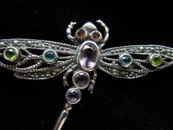 SOLD Silver Gemstone & Marcasite Dragonfly Brooch - Image 3