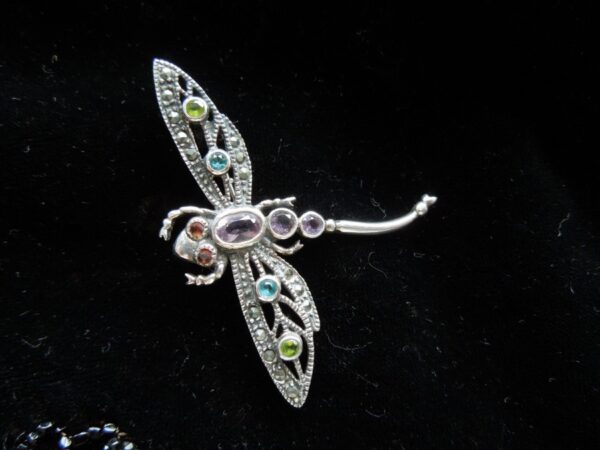 SOLD Silver Gemstone & Marcasite Dragonfly Brooch - Image 2