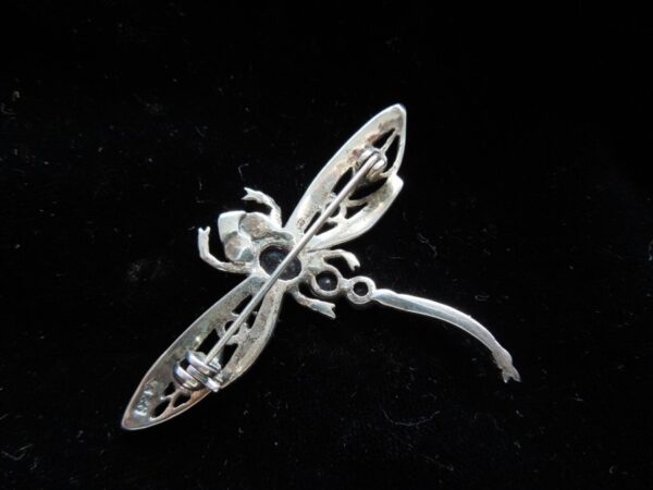 SOLD Silver Gemstone & Marcasite Dragonfly Brooch - Image 5