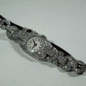SOLD Ladies Art Deco Silver and Diamante Watch 1937 art deco Antique Jewellery