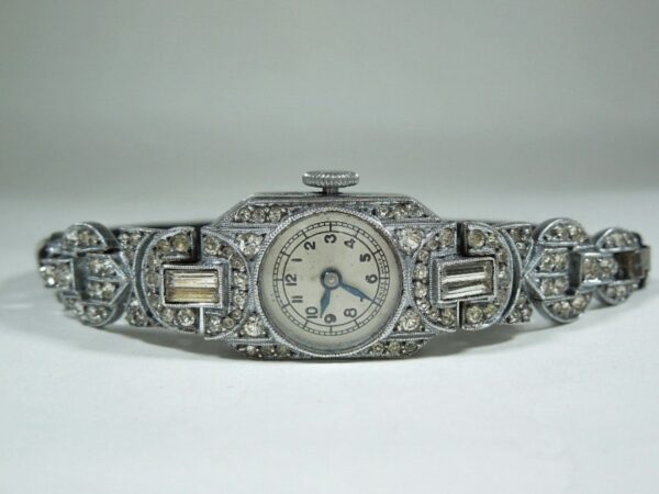 SOLD Ladies Art Deco Silver and Diamante Watch 1937 art deco Antique Jewellery 9