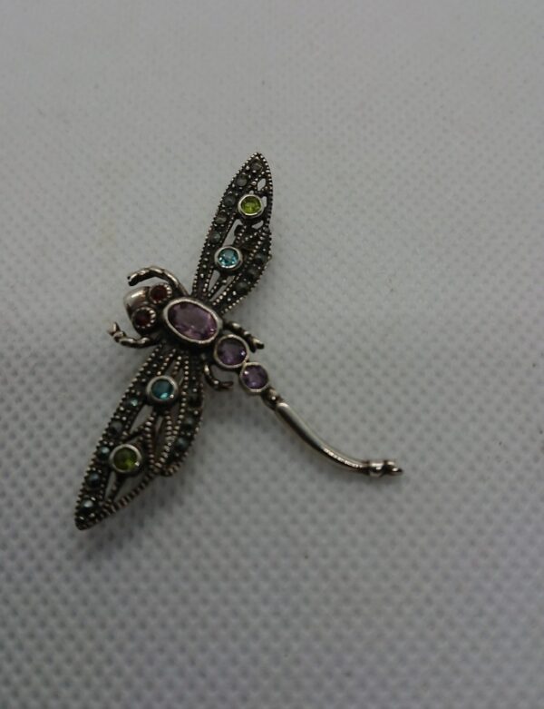 SOLD Silver Gemstone & Marcasite Dragonfly Brooch