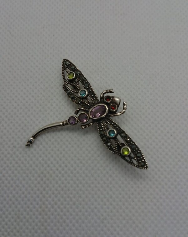 SOLD Silver Gemstone & Marcasite Dragonfly Brooch - Image 6